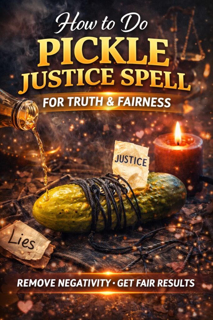 pickle justice spell for truth fairness with black thread vinegar candle and justice ritual setup