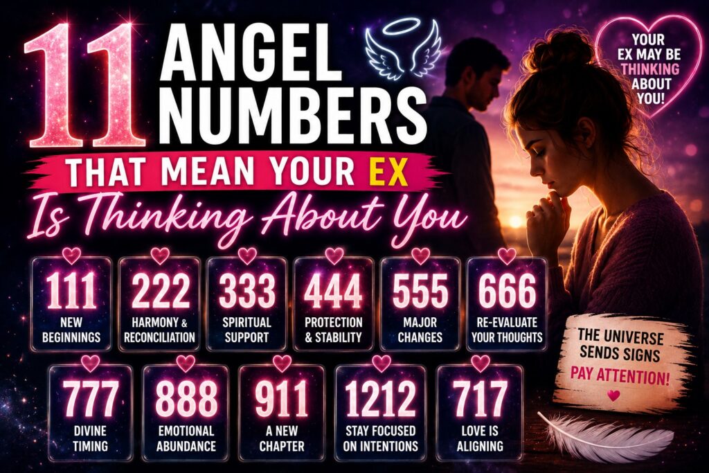 Mystical image showing angel numbers and a heartbroken woman representing signs your ex may be thinking about you