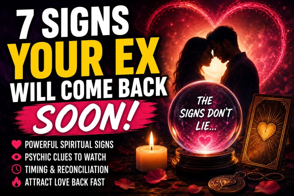 Romantic couple under a glowing heart with text showing 7 signs your ex will come back soon.