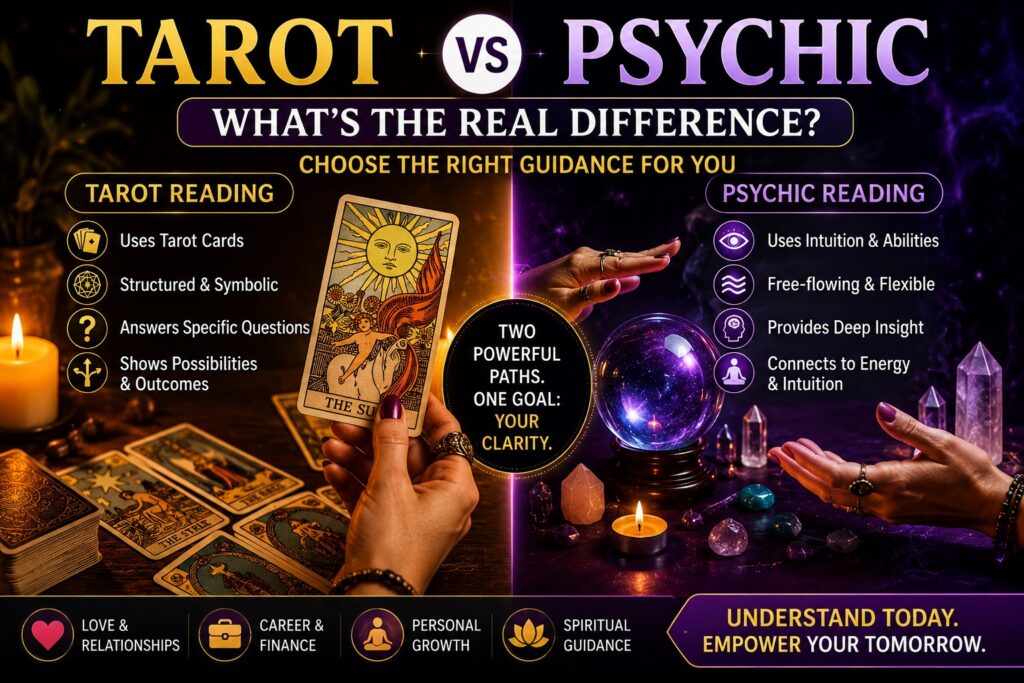 Split image showing tarot cards on one side and a crystal ball psychic reading on the other