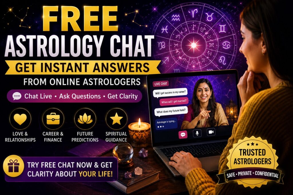 Woman chatting online with a professional astrologer while viewing zodiac symbols and birth chart insights on a laptop