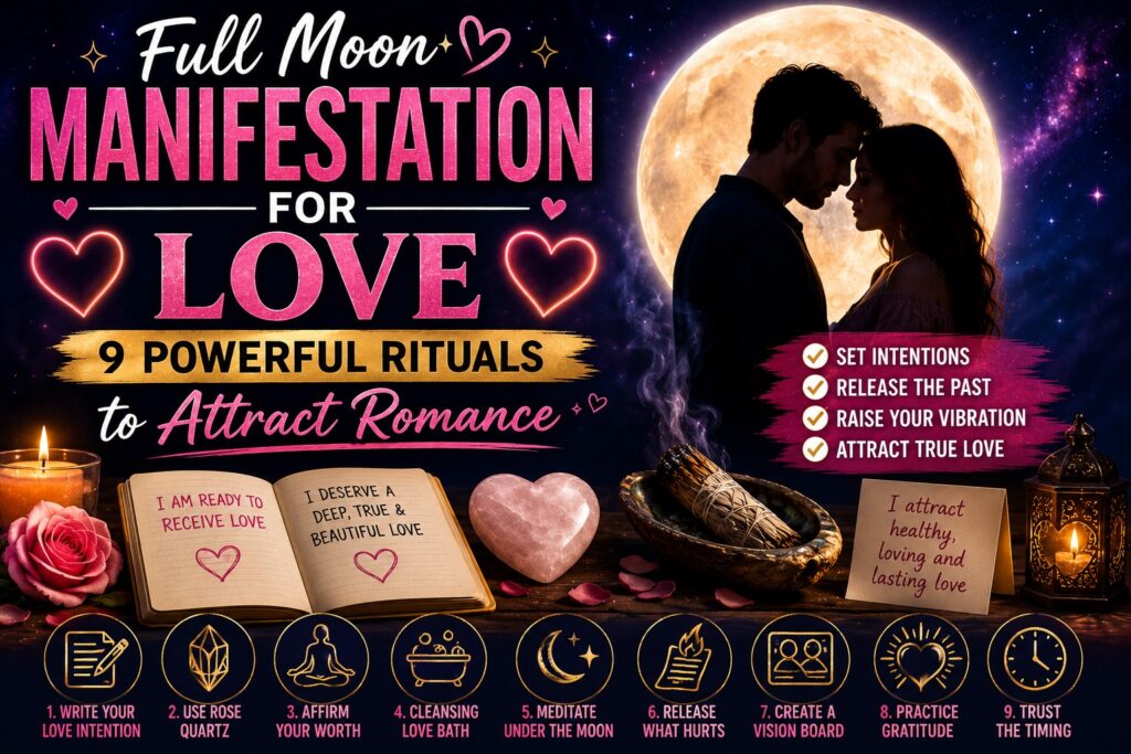 Romantic full moon love manifestation ritual with candles, crystals, and a couple under the moon
