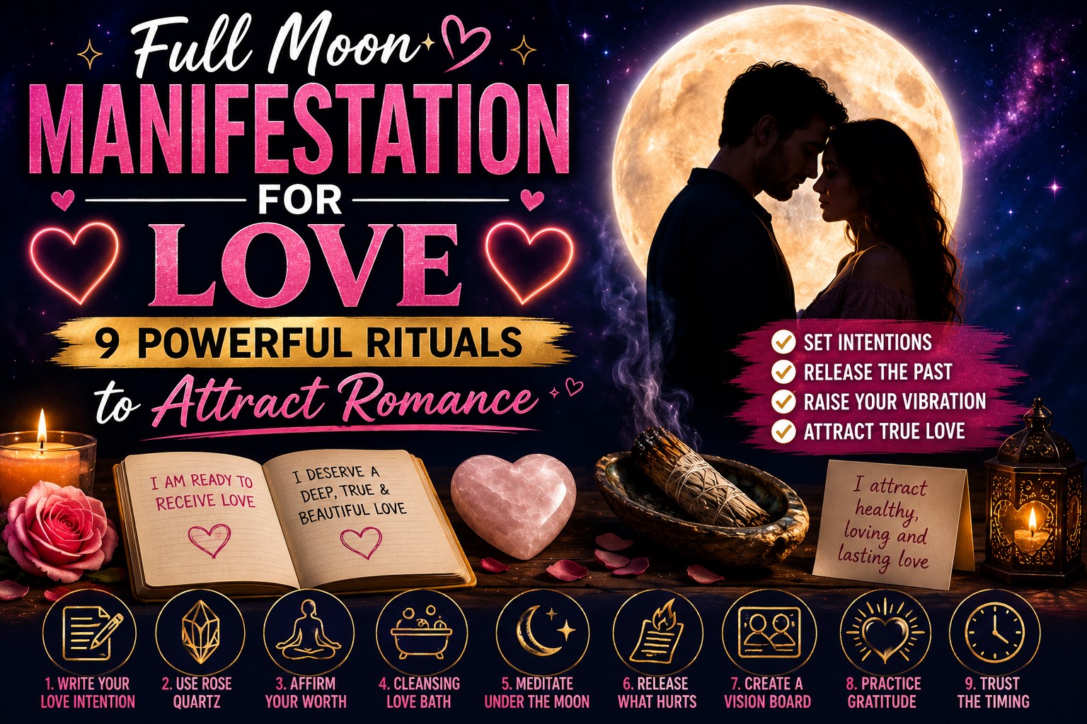 Romantic full moon love manifestation ritual with candles, crystals, and a couple under the moon