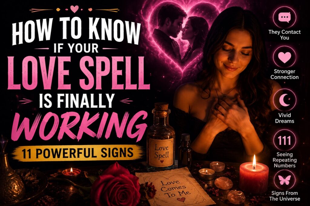 Woman performing a love spell ritual with candles showing signs that a love spell is finally working