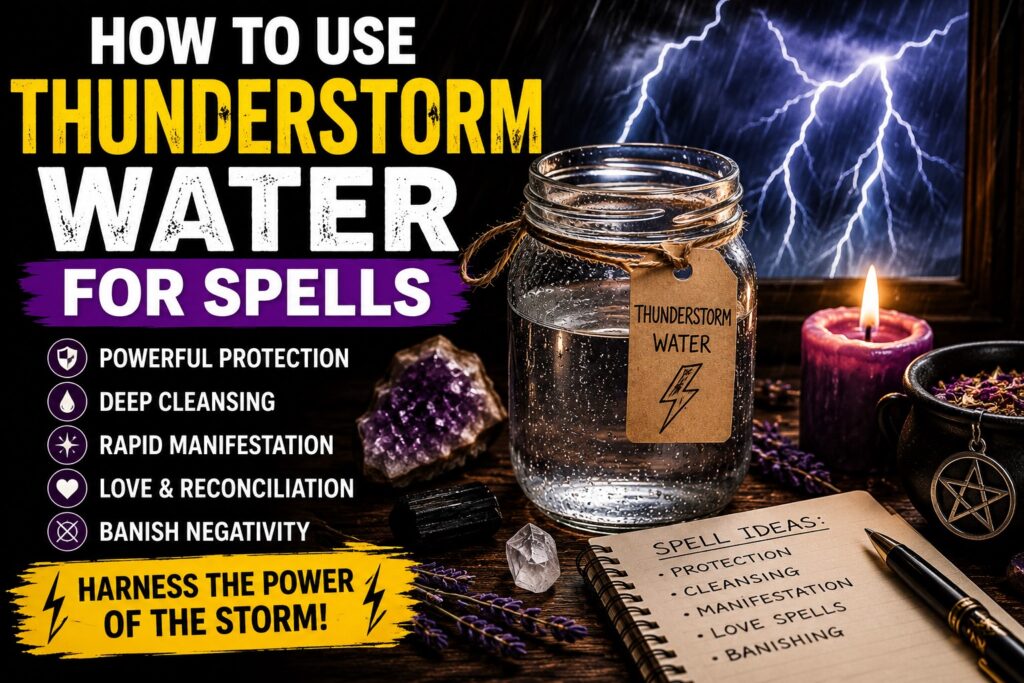 Jar of thunderstorm water with candles, crystals, and lightning in the background for spell work