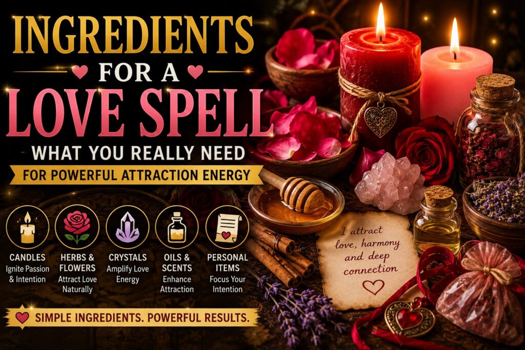 Love spell ingredients including red and pink candles, rose petals, honey, rose quartz crystals, herbs, and a written intention
