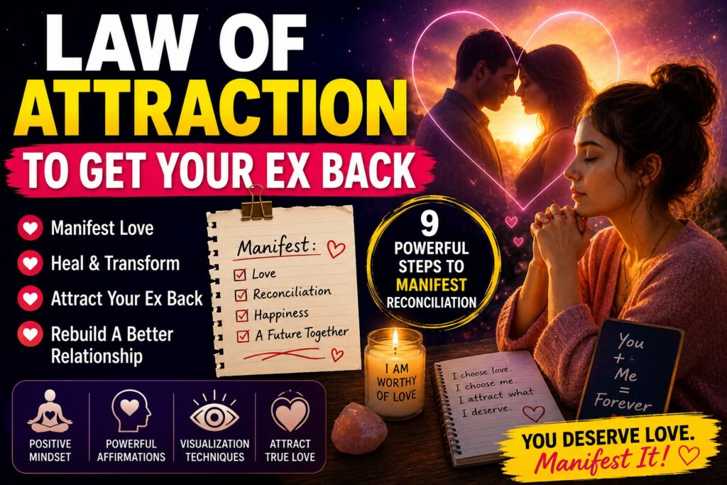 Woman using affirmations and visualization to manifest getting her ex back with candles and a romantic couple in the background