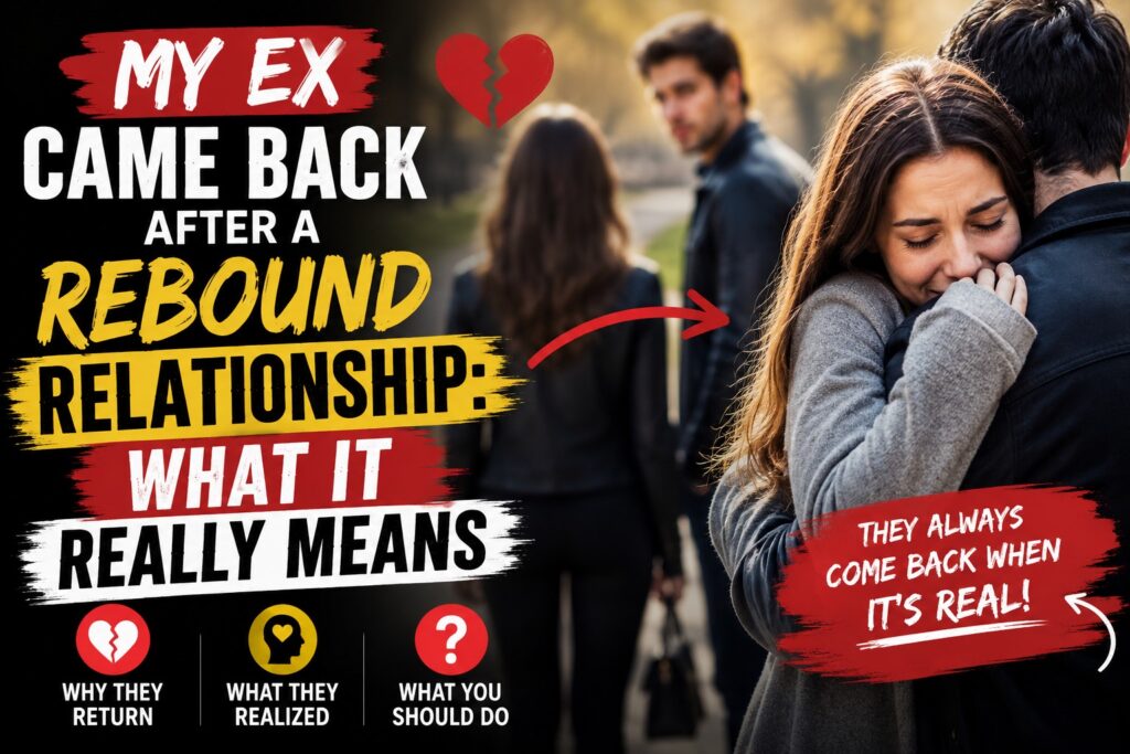 Emotional couple reuniting after a rebound relationship while the ex returns for a second chance