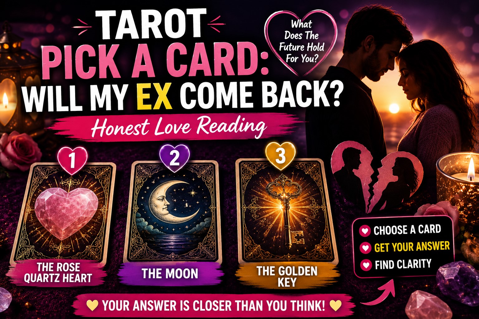 Three tarot cards in a pick a card reading to reveal whether an ex will come back
