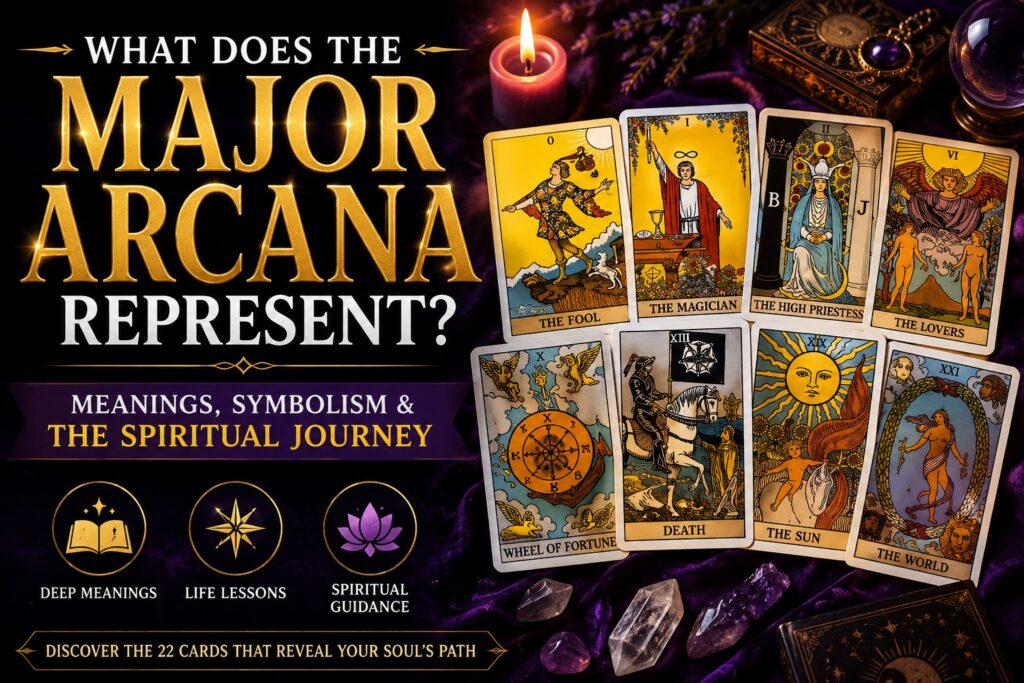 Major Arcana tarot cards including The Fool, The Magician, Death, The Sun, and The World displayed with candles and crystals
